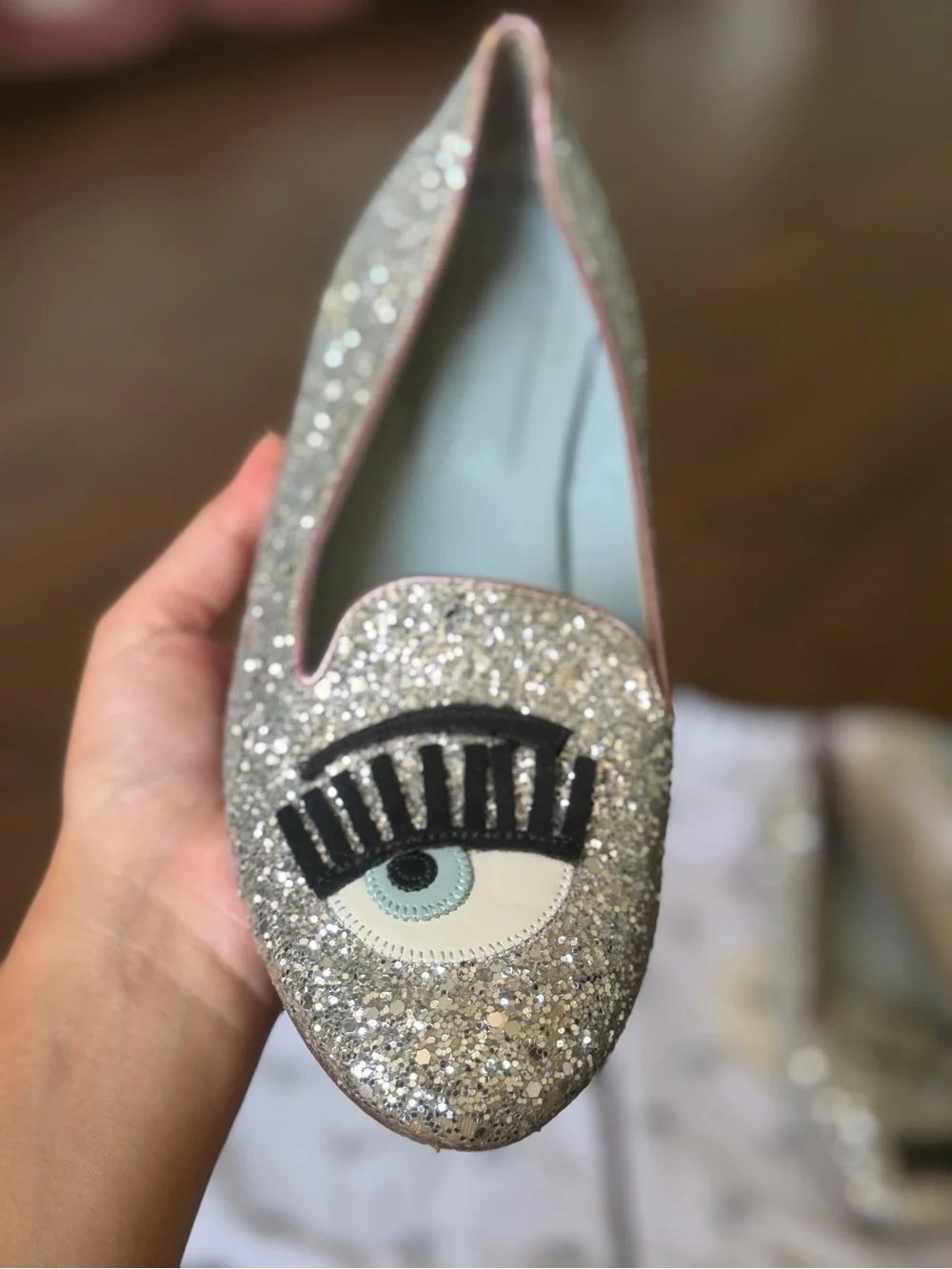 Chiara Ferragni Silver Glitter Eye Flats